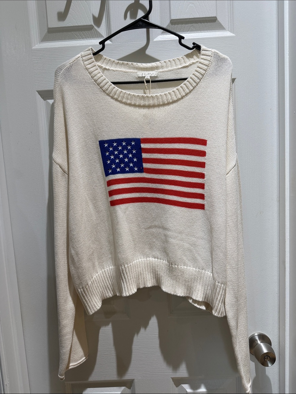 Z Supply Cream Crewneck Sweater with Red & Blue Flag Graphic